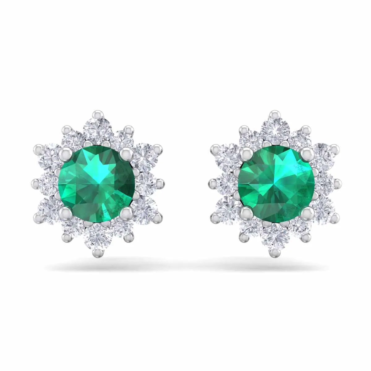 1 Carat Round Shape Flower Emerald And Diamond Halo Stud Earrings In 14 Karat White Gold