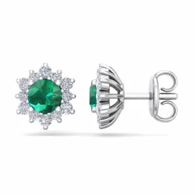 1 Carat Round Shape Flower Emerald And Diamond Halo Stud Earrings In 14 Karat White Gold