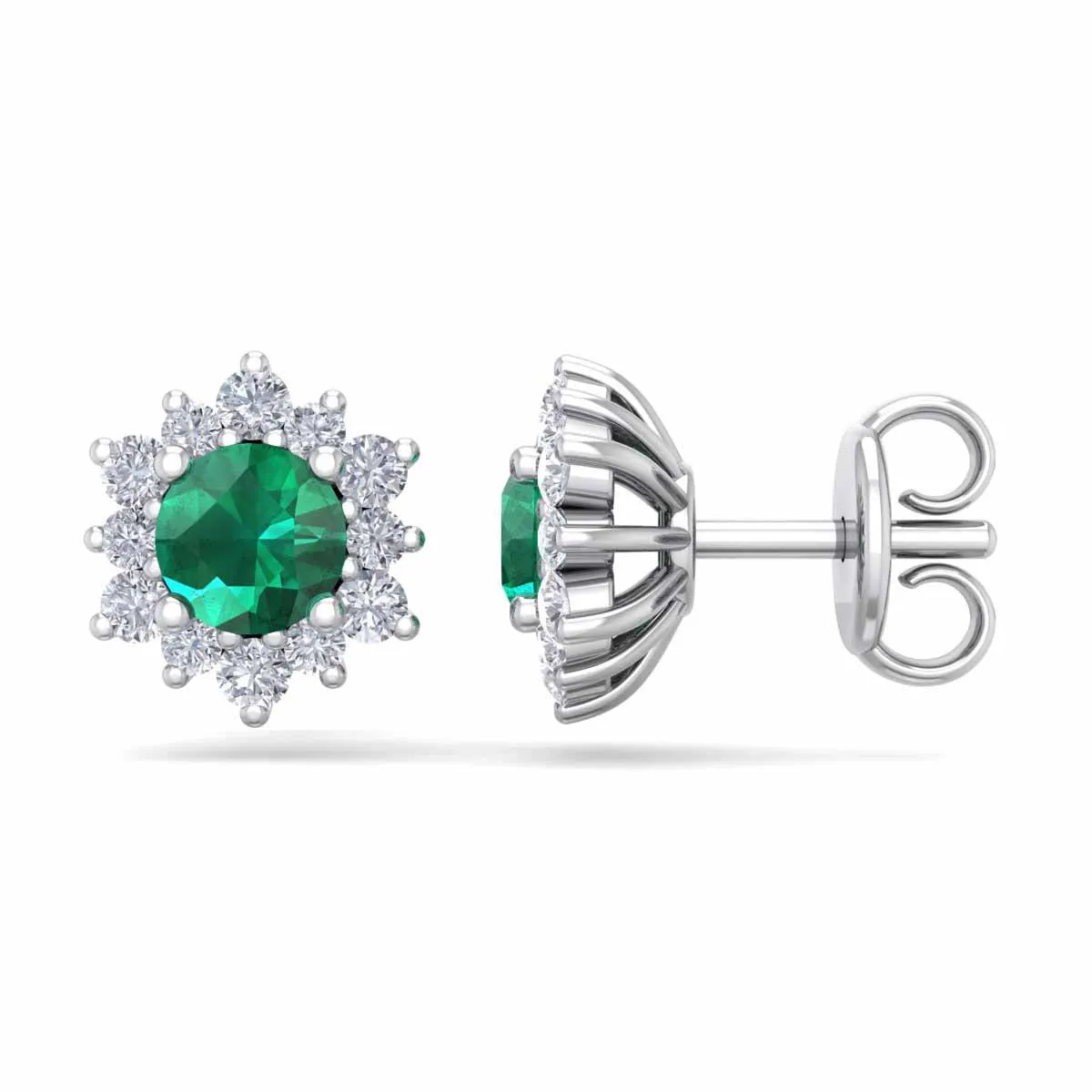 1 Carat Round Shape Flower Emerald And Diamond Halo Stud Earrings In 14 Karat White Gold