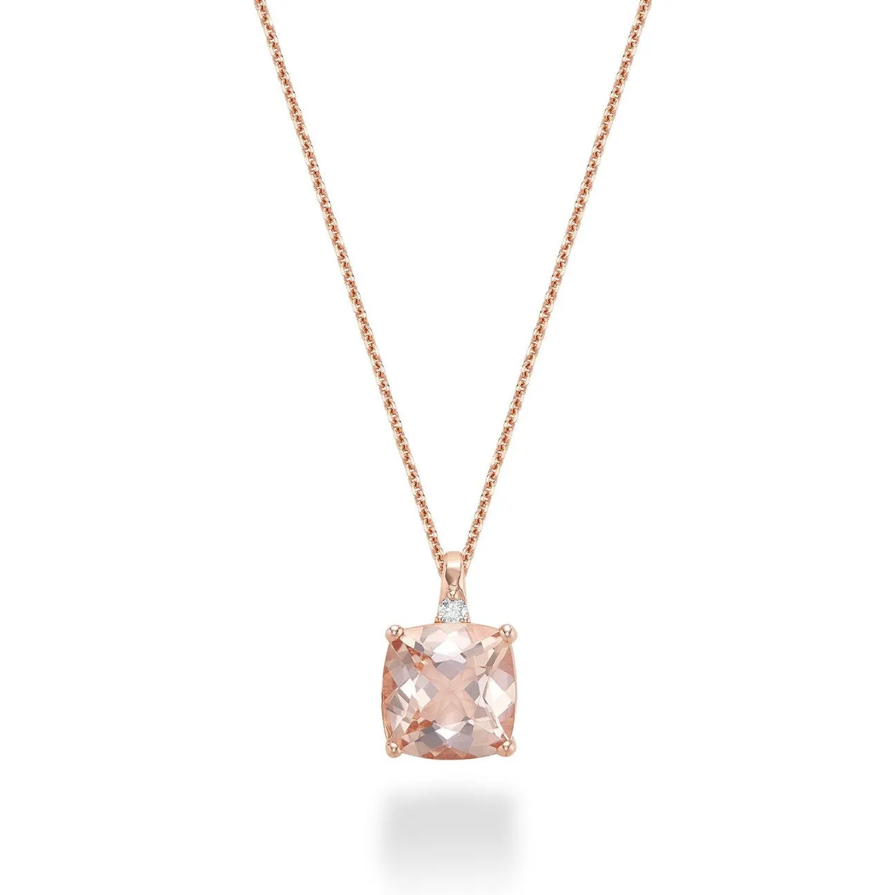 10k Gold Cushion Cut Created Morganite Stone and Diamond Necklace