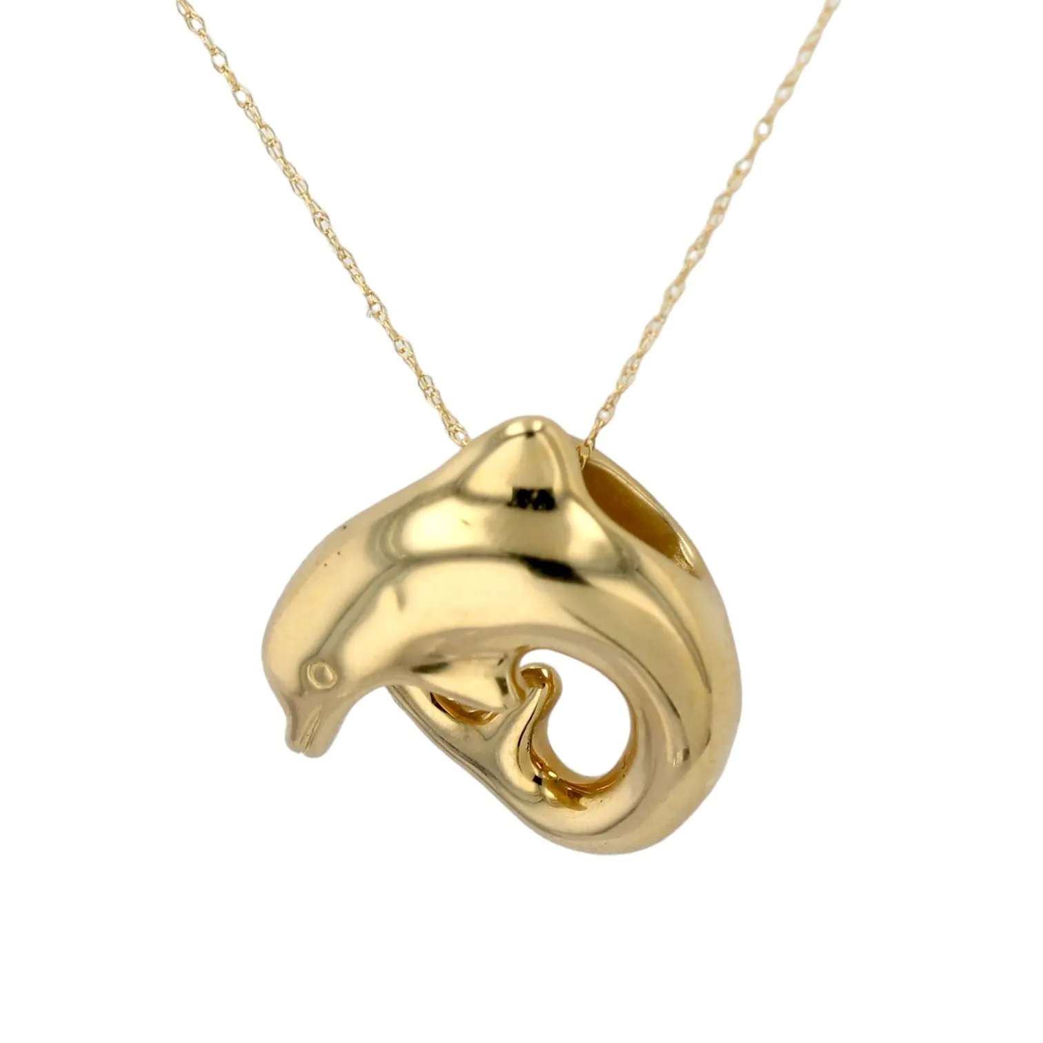 18K yellow gold puff 3D dolphin necklace-12068