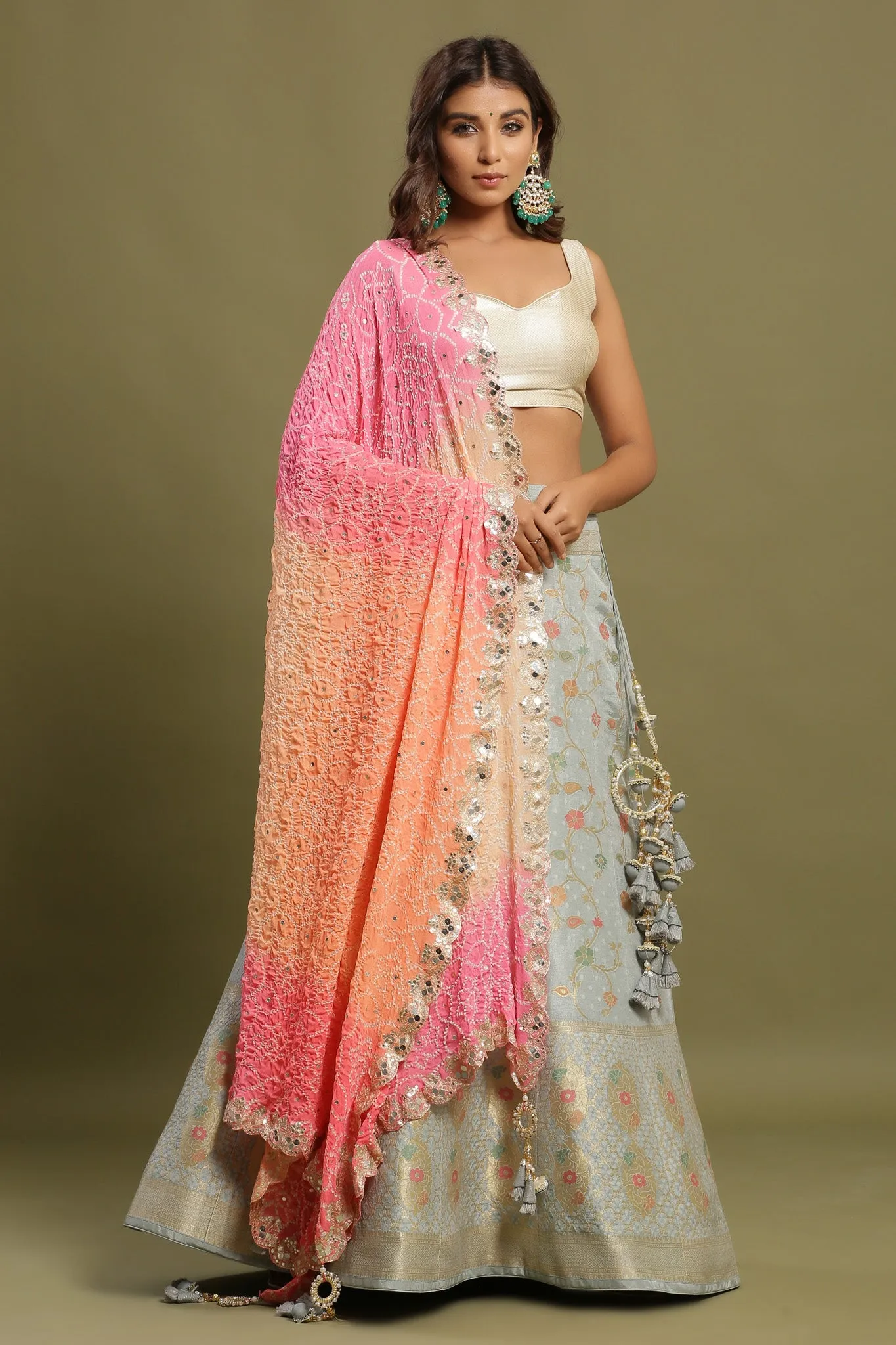 30Z218-RO Grey Embroidered Floral Lehenga with Dupatta