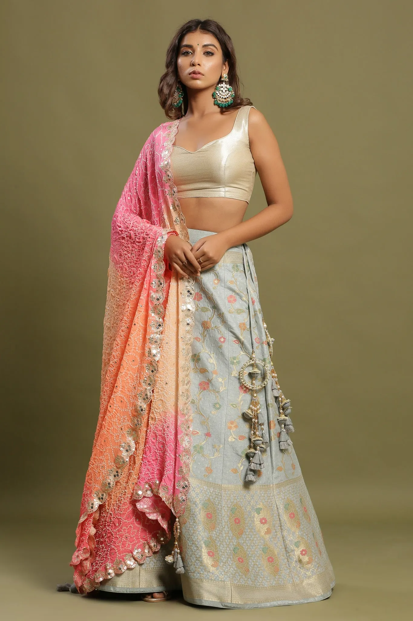 30Z218-RO Grey Embroidered Floral Lehenga with Dupatta