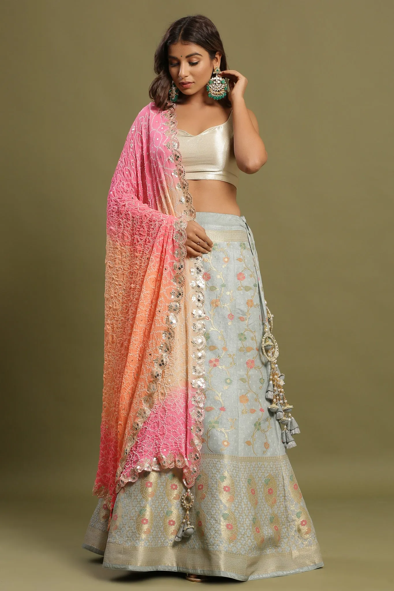 30Z218-RO Grey Embroidered Floral Lehenga with Dupatta