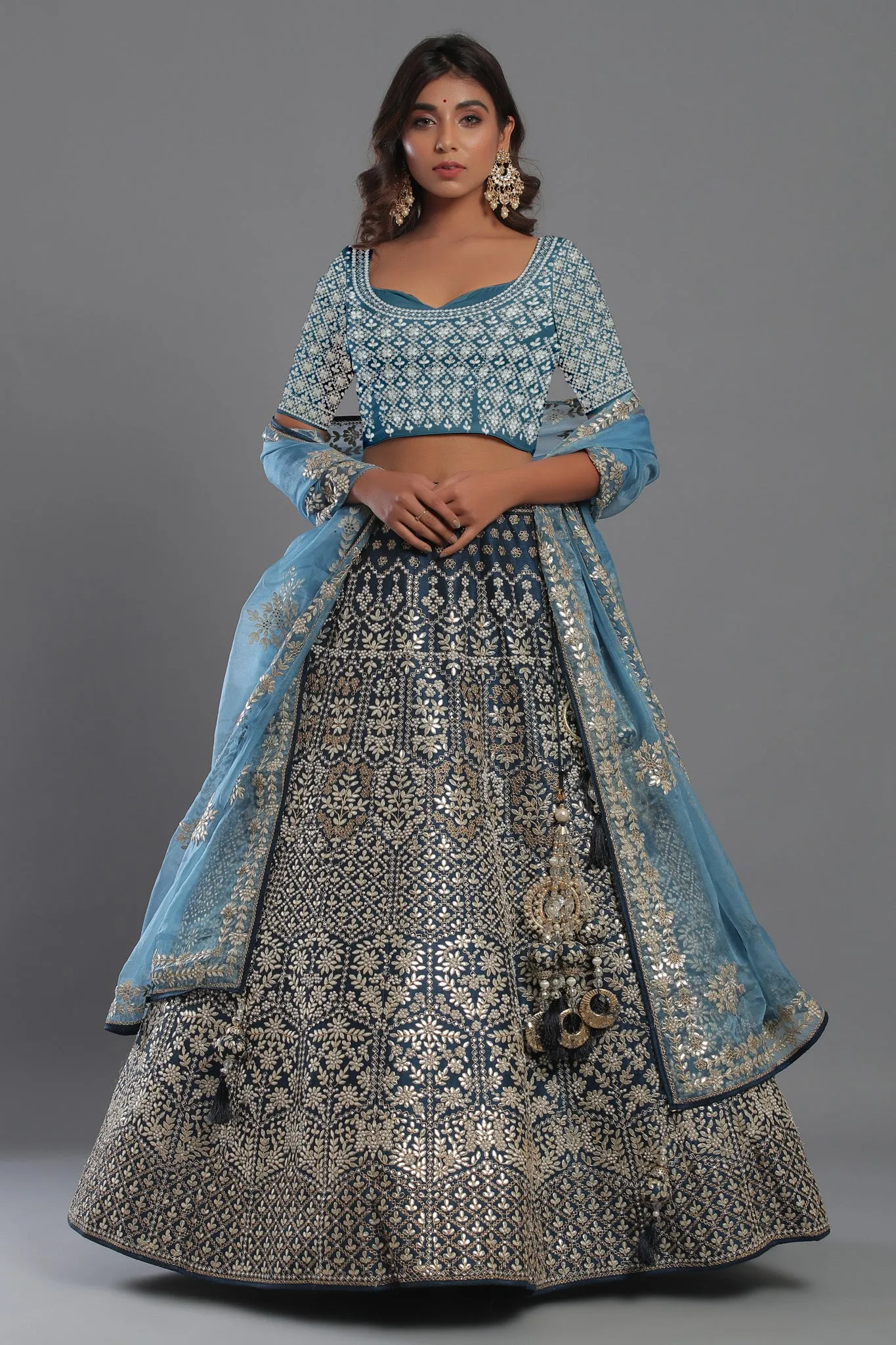 30Z220B-RO Blue Heavily Embroidered Lehnenga Set With Net Dupaatta