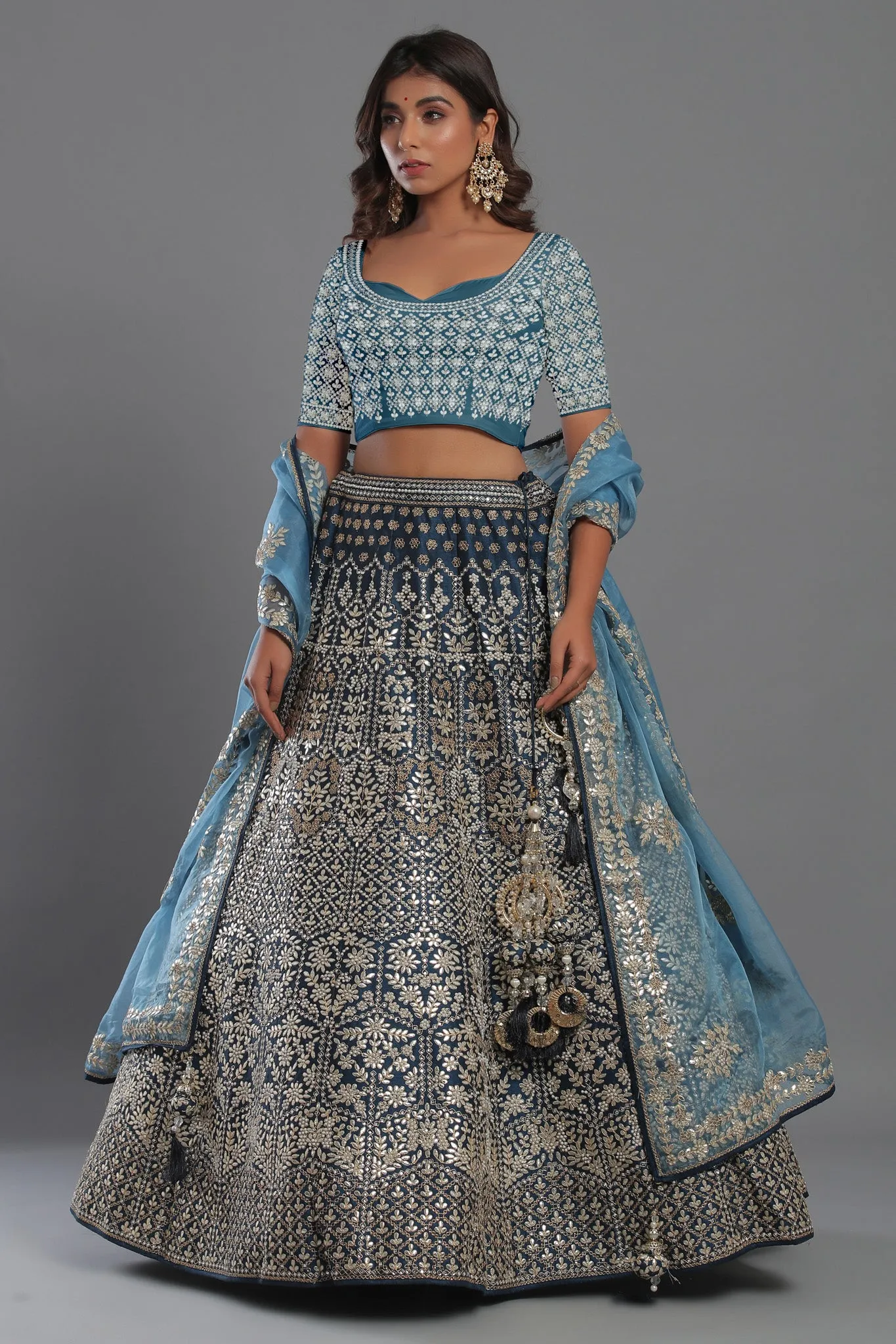 30Z220B-RO Blue Heavily Embroidered Lehnenga Set With Net Dupaatta