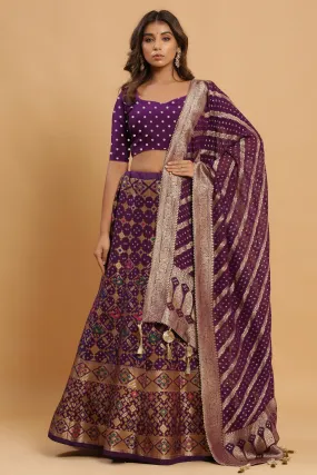 30Z221A-RO Wine Zari Print Silk Lehenga Set With Beautiful Dupatta