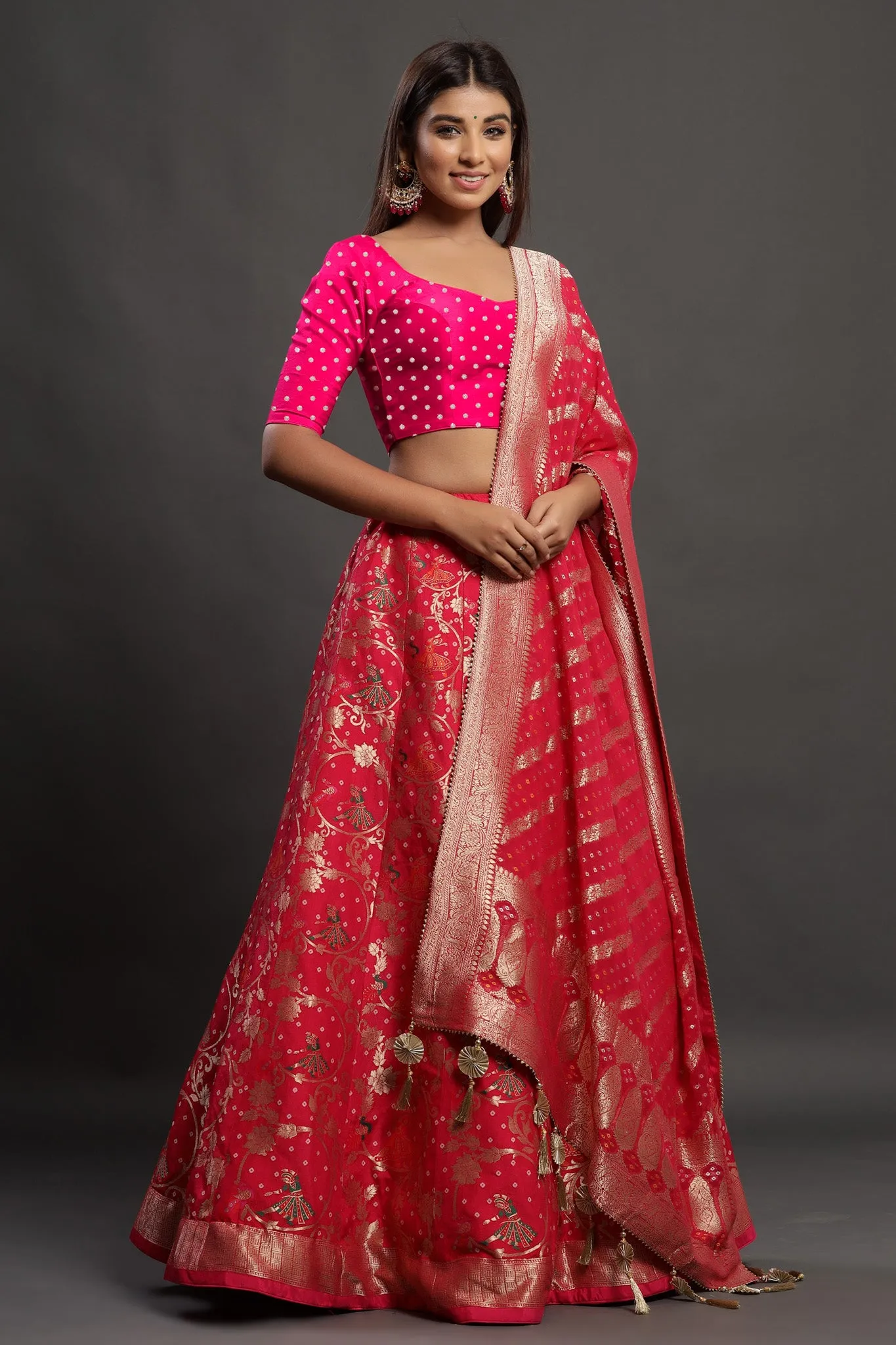 30Z222E-RO Red Silk Lehenga Set With Solid Blouse