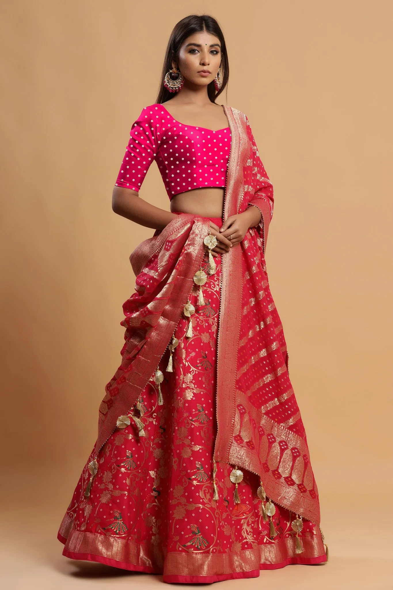 30Z222E-RO Red Silk Lehenga Set With Solid Blouse