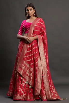 30Z222E-RO Red Silk Lehenga Set With Solid Blouse