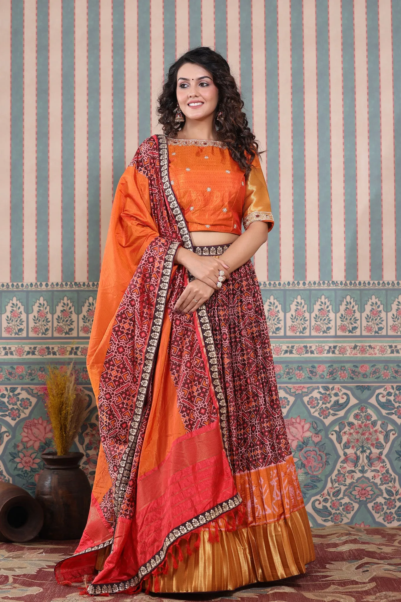 30Z234-RO Orange Lehenga Set With Bandhej Print