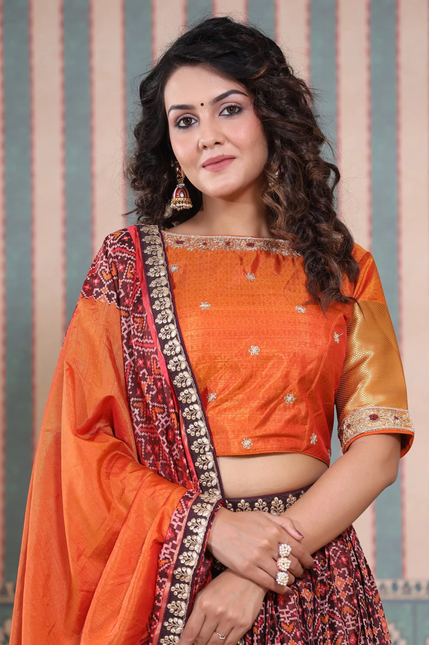 30Z234-RO Orange Lehenga Set With Bandhej Print