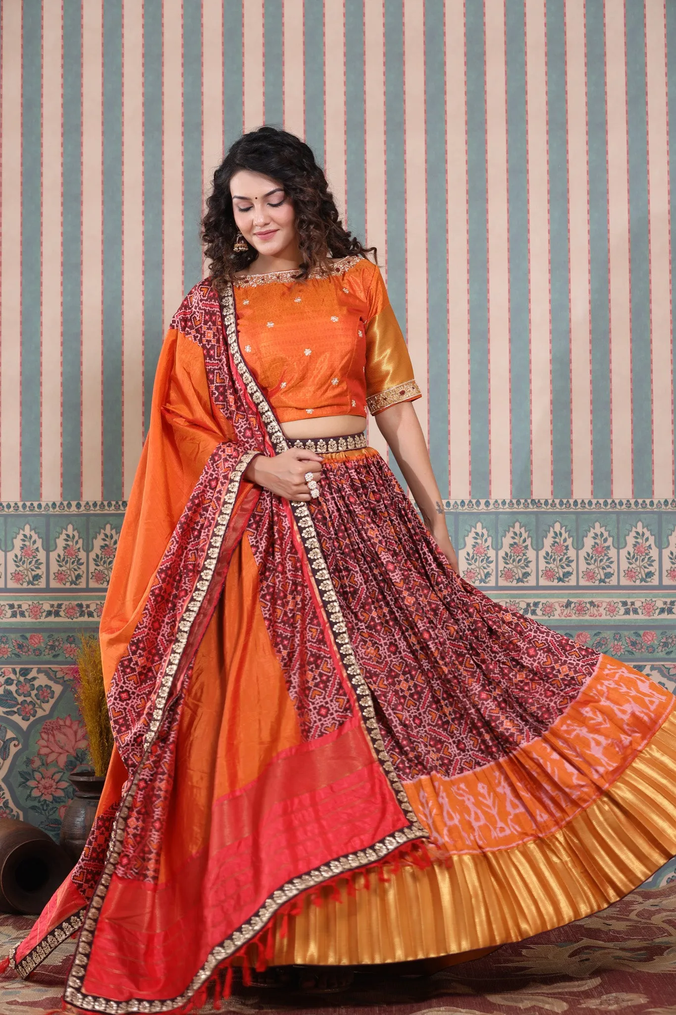 30Z234-RO Orange Lehenga Set With Bandhej Print