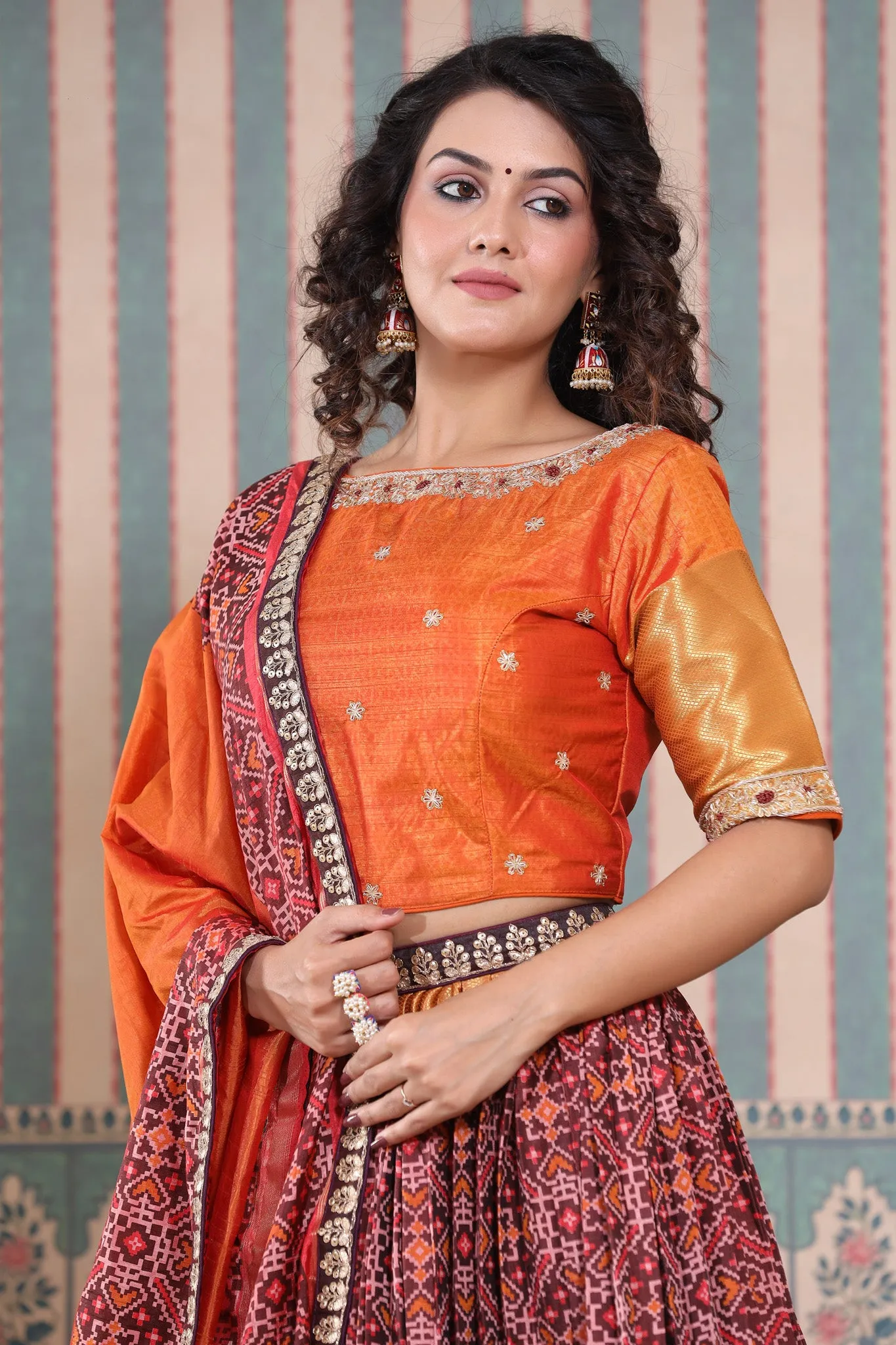 30Z234-RO Orange Lehenga Set With Bandhej Print