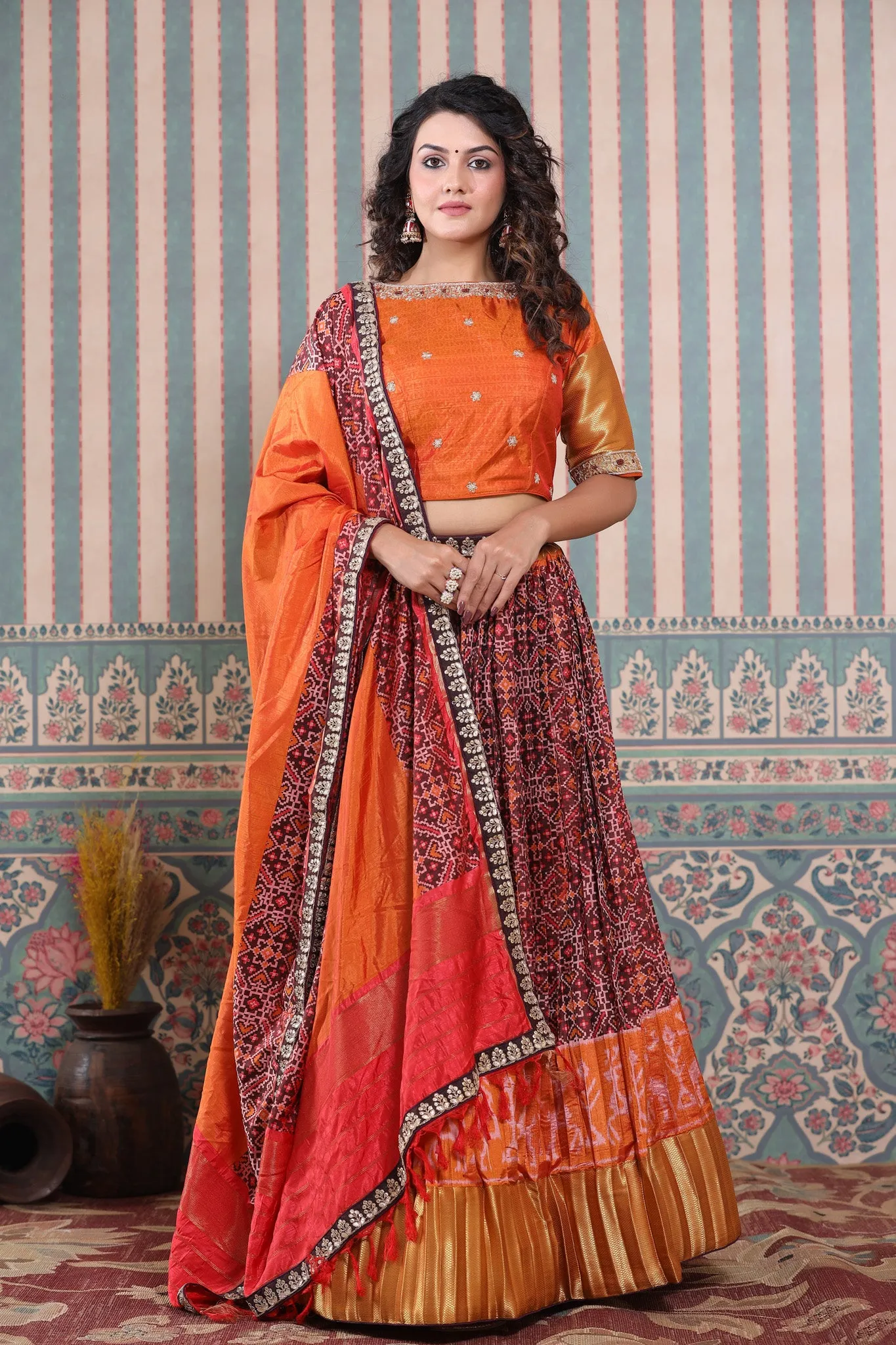 30Z234-RO Orange Lehenga Set With Bandhej Print