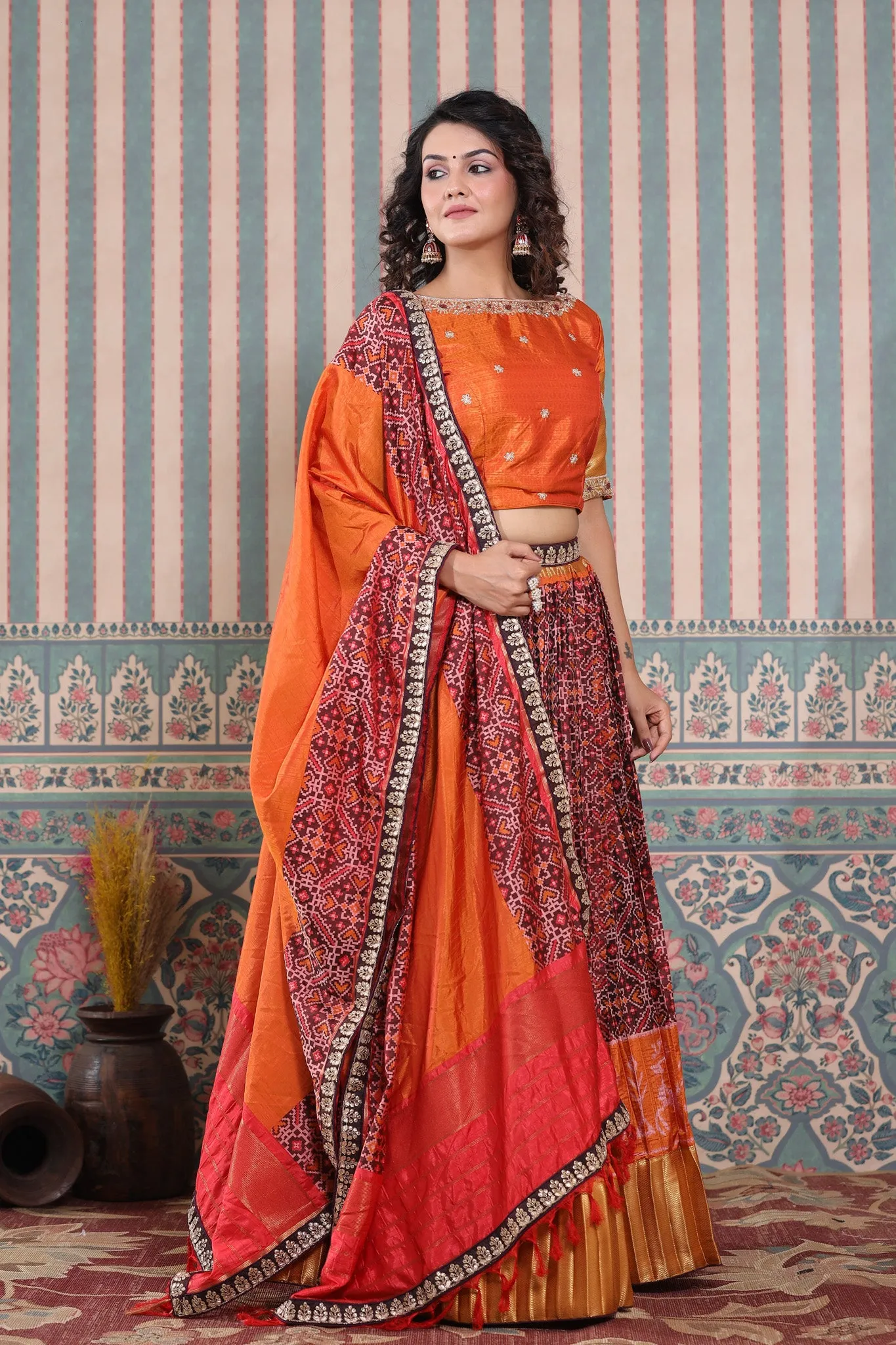 30Z234-RO Orange Lehenga Set With Bandhej Print