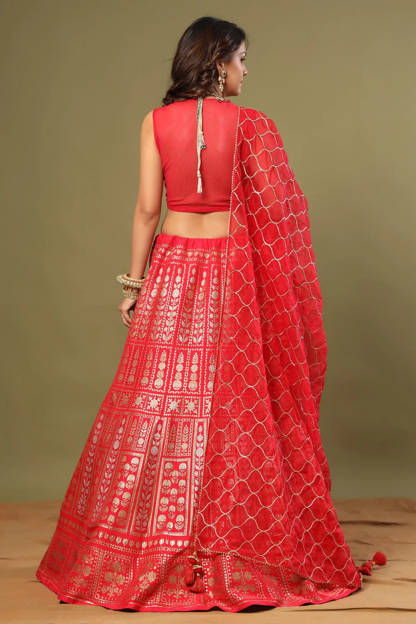 30Z238-RO Red Heavy Zari Embroidered Silk Lehenga Set