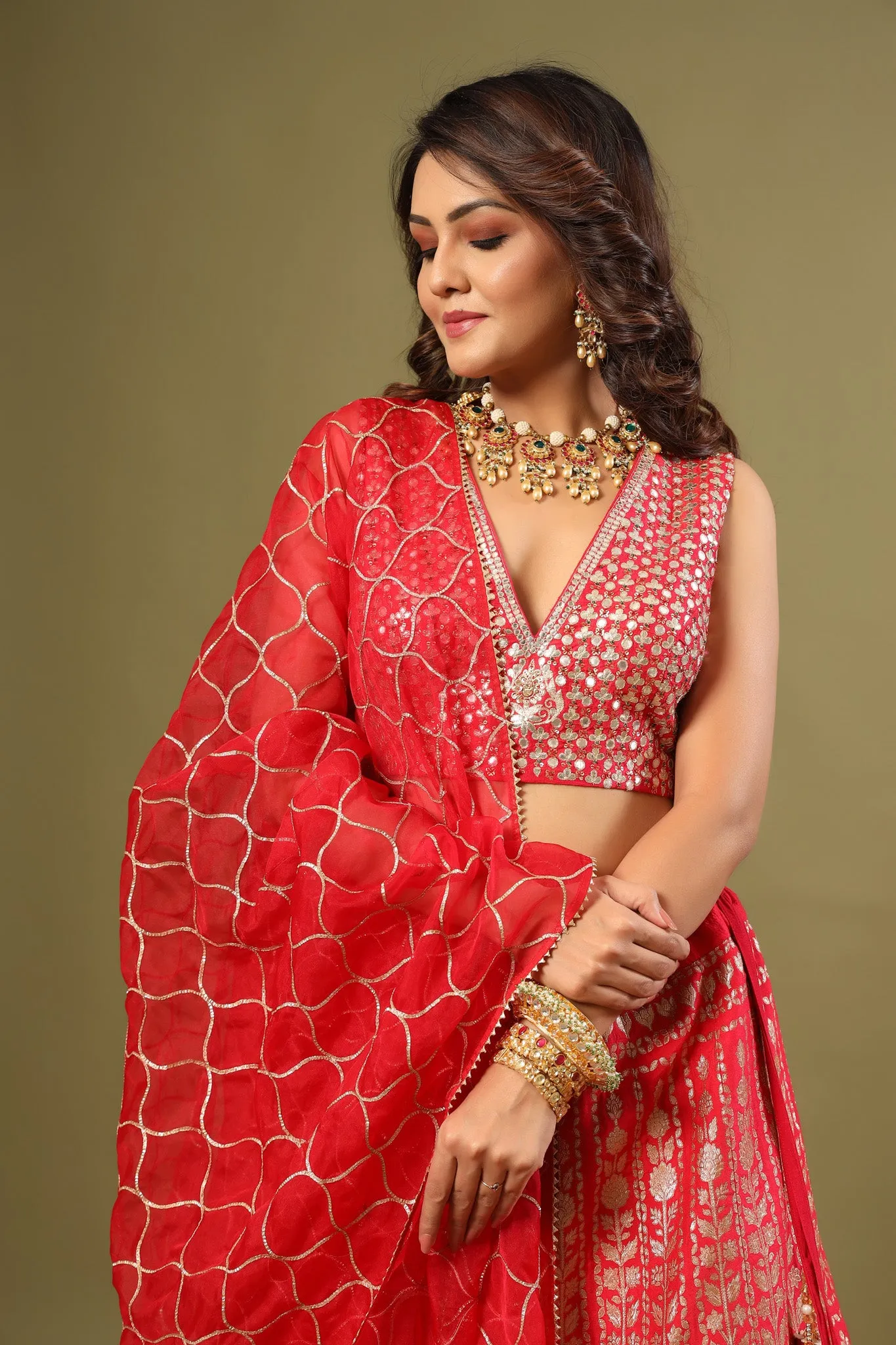 30Z238-RO Red Heavy Zari Embroidered Silk Lehenga Set