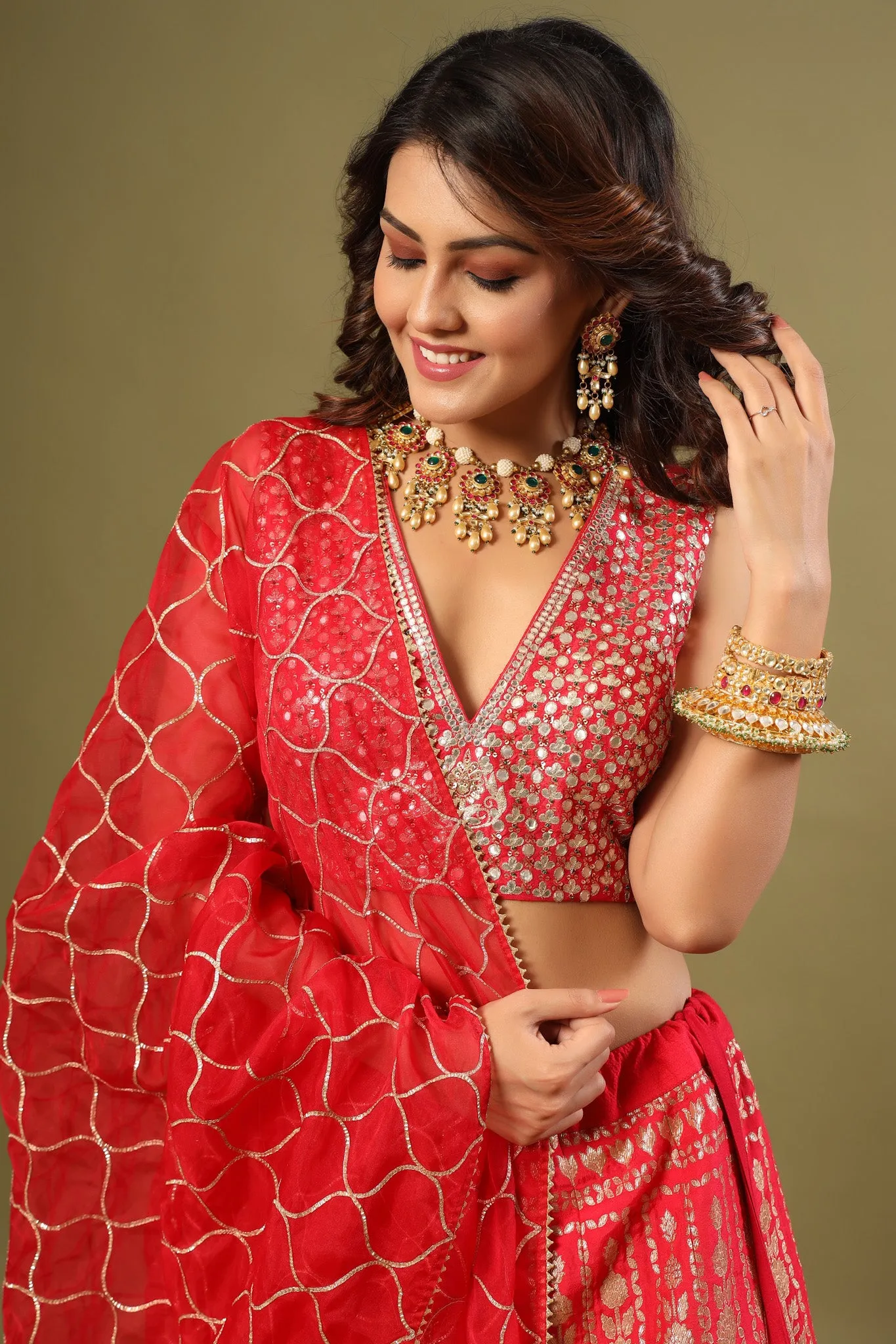 30Z238-RO Red Heavy Zari Embroidered Silk Lehenga Set