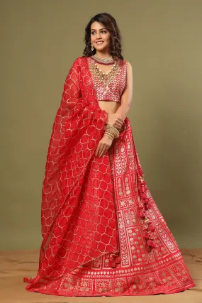 30Z238-RO Red Heavy Zari Embroidered Silk Lehenga Set