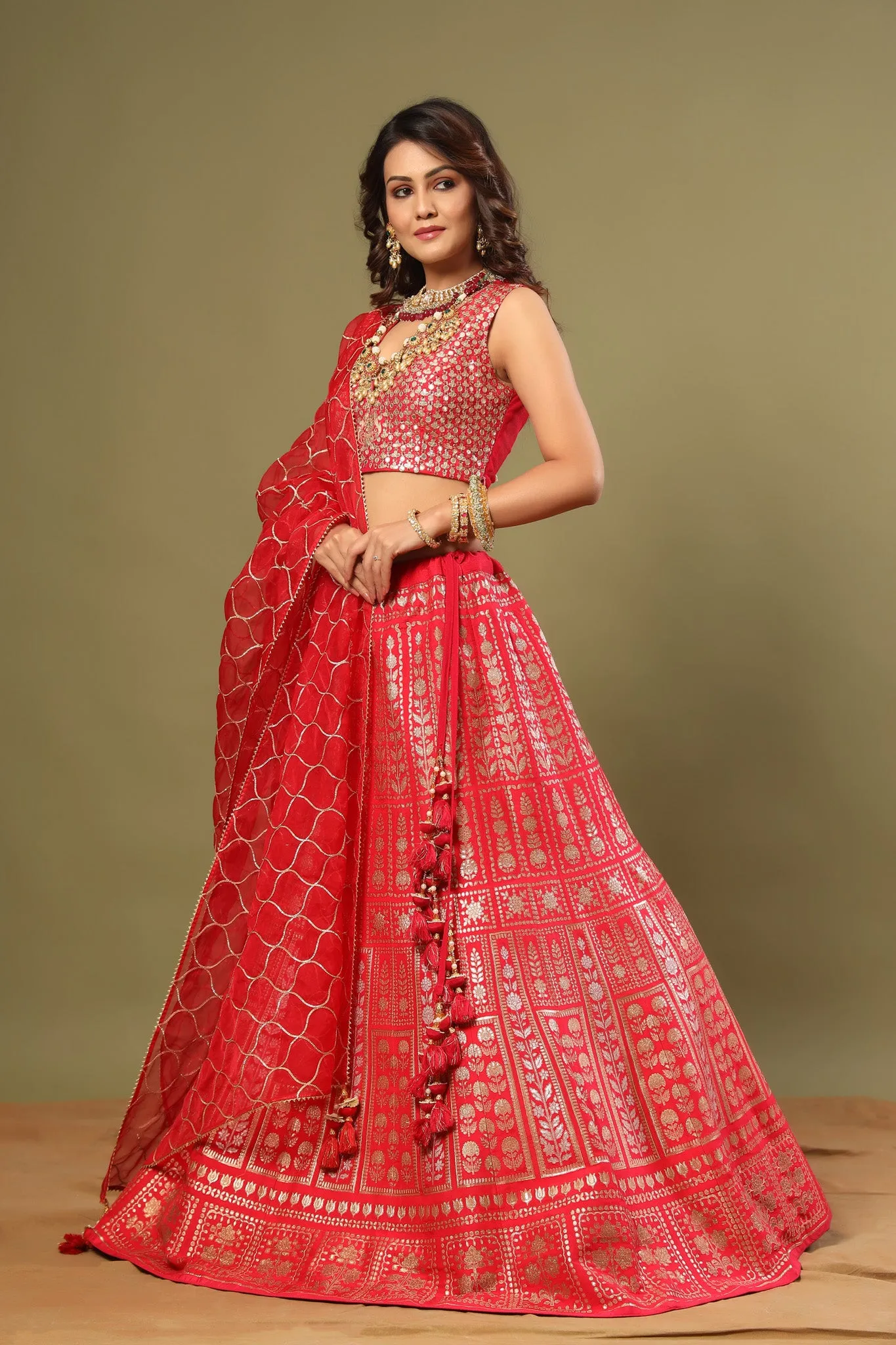 30Z238-RO Red Heavy Zari Embroidered Silk Lehenga Set