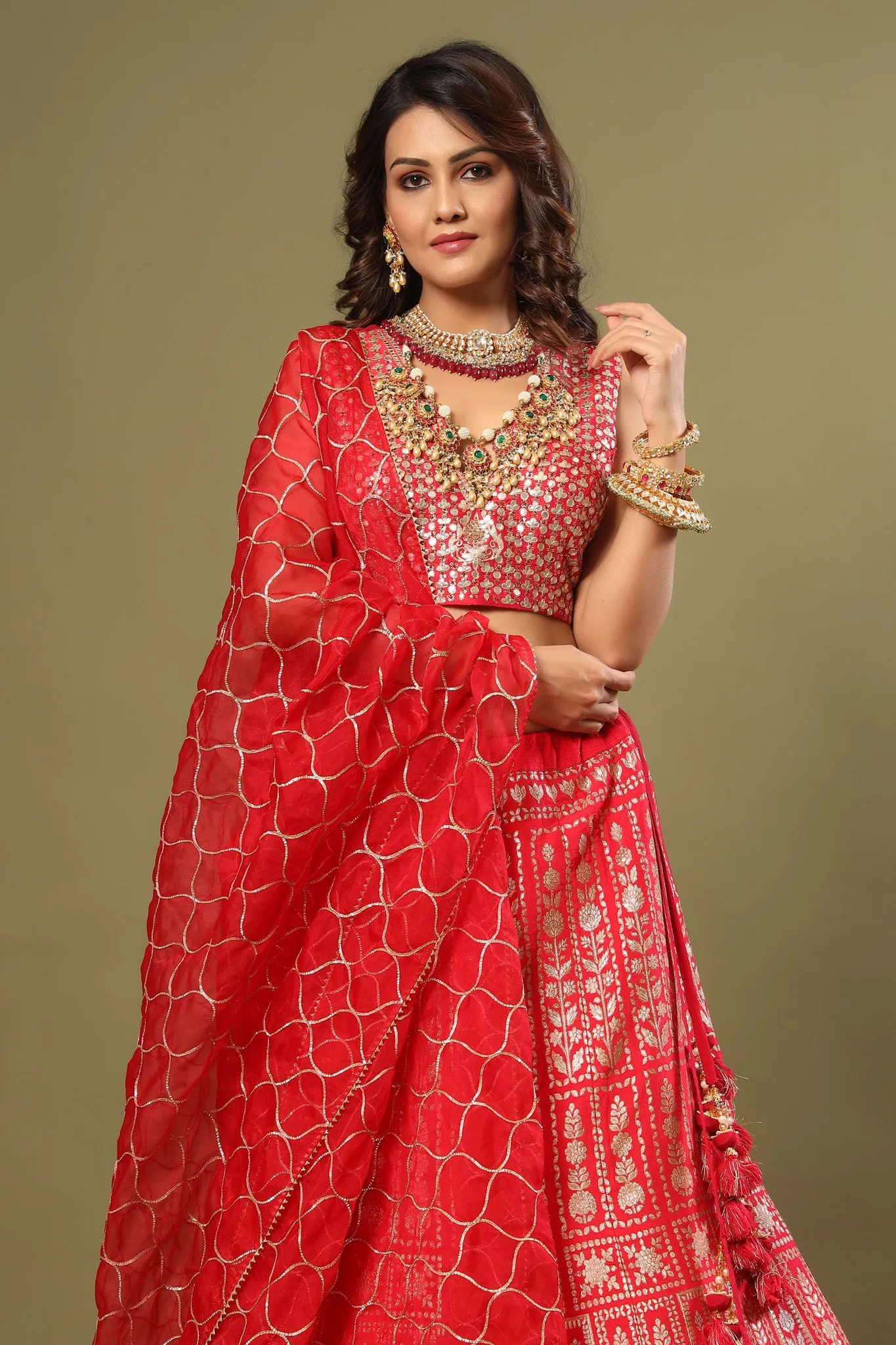 30Z238-RO Red Heavy Zari Embroidered Silk Lehenga Set