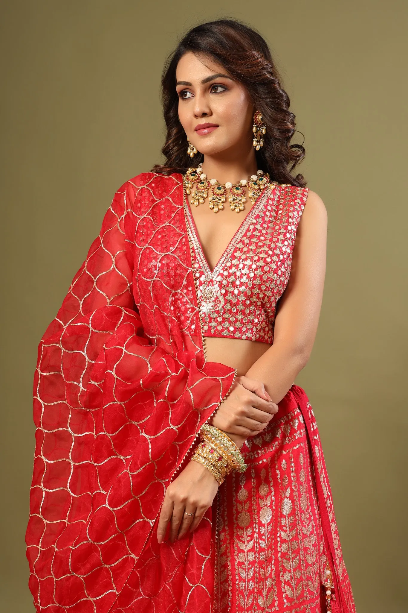 30Z238-RO Red Heavy Zari Embroidered Silk Lehenga Set