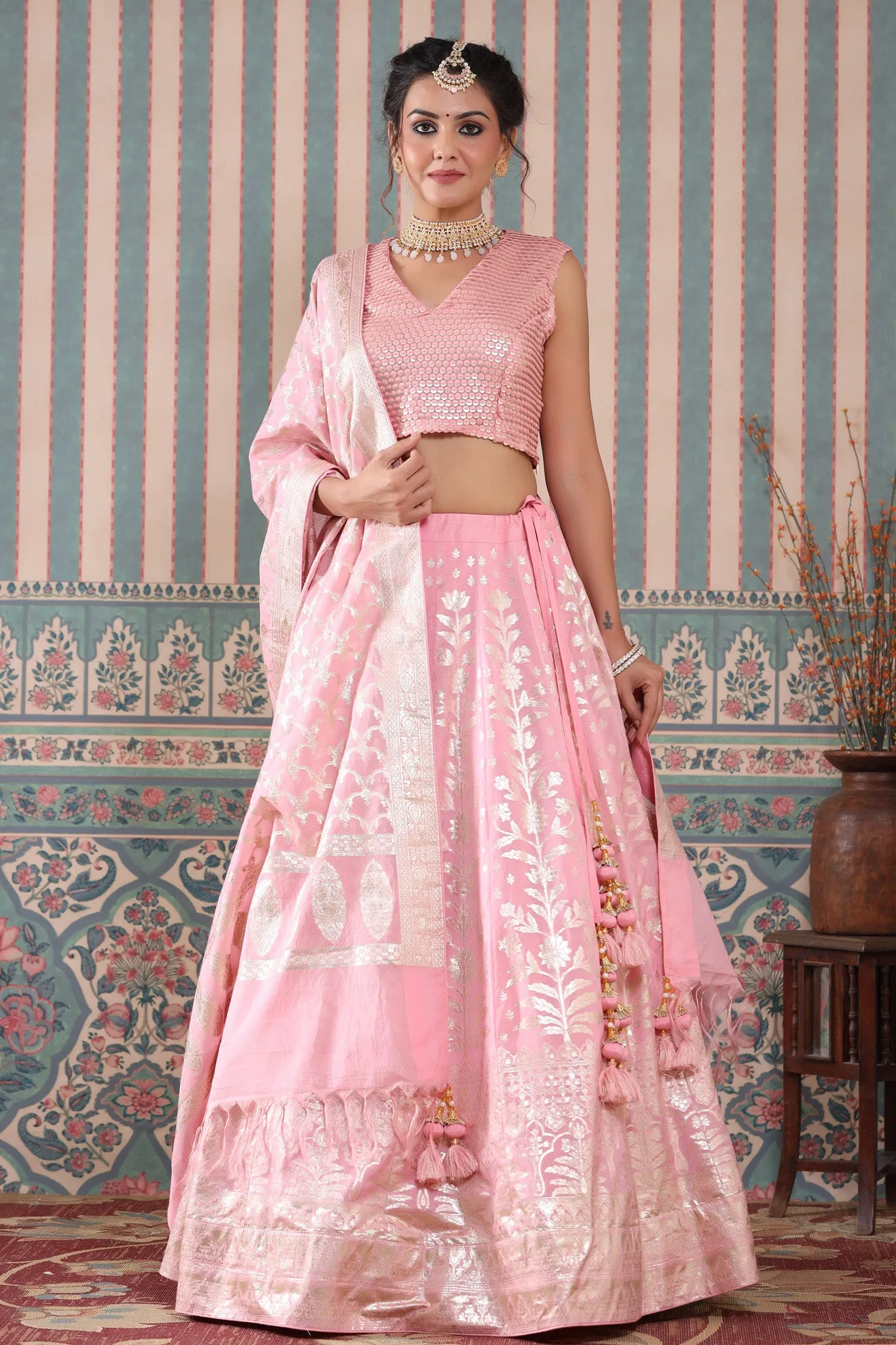 30Z243-RO Pink Floral Zari Embroidered Silk Lehenga Set