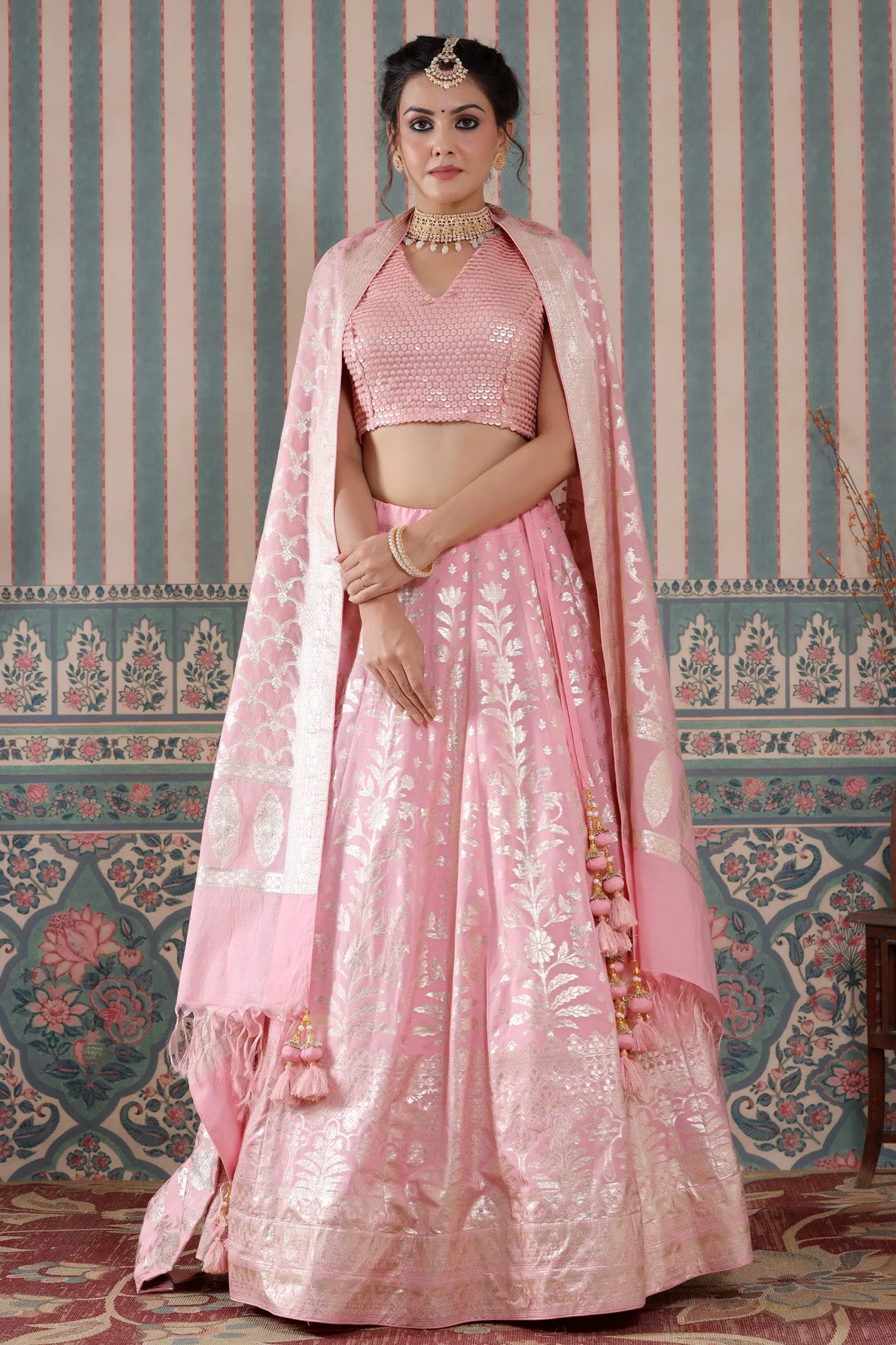 30Z243-RO Pink Floral Zari Embroidered Silk Lehenga Set