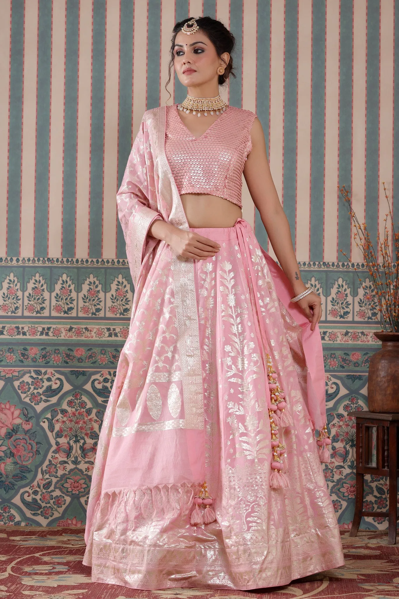 30Z243-RO Pink Floral Zari Embroidered Silk Lehenga Set