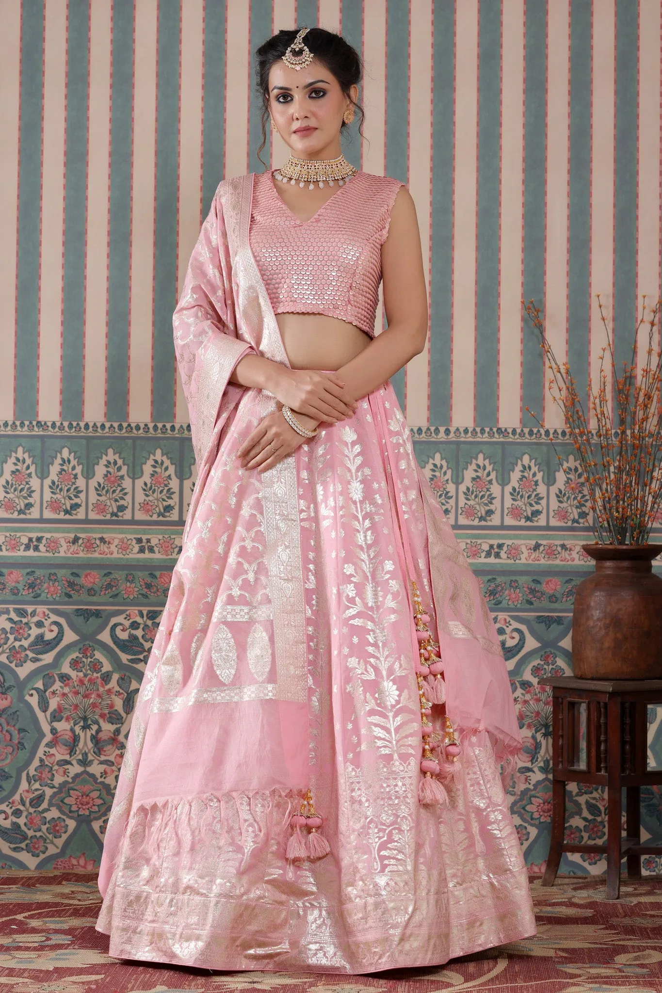 30Z243-RO Pink Floral Zari Embroidered Silk Lehenga Set