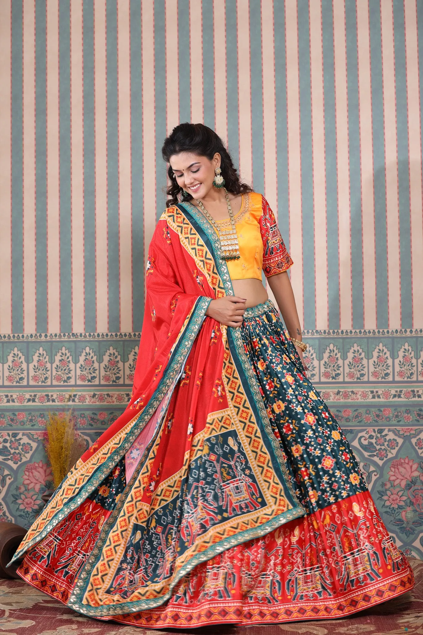 30Z246-RO Teal Blue Lehenga Multicolor Bandhej Print Set