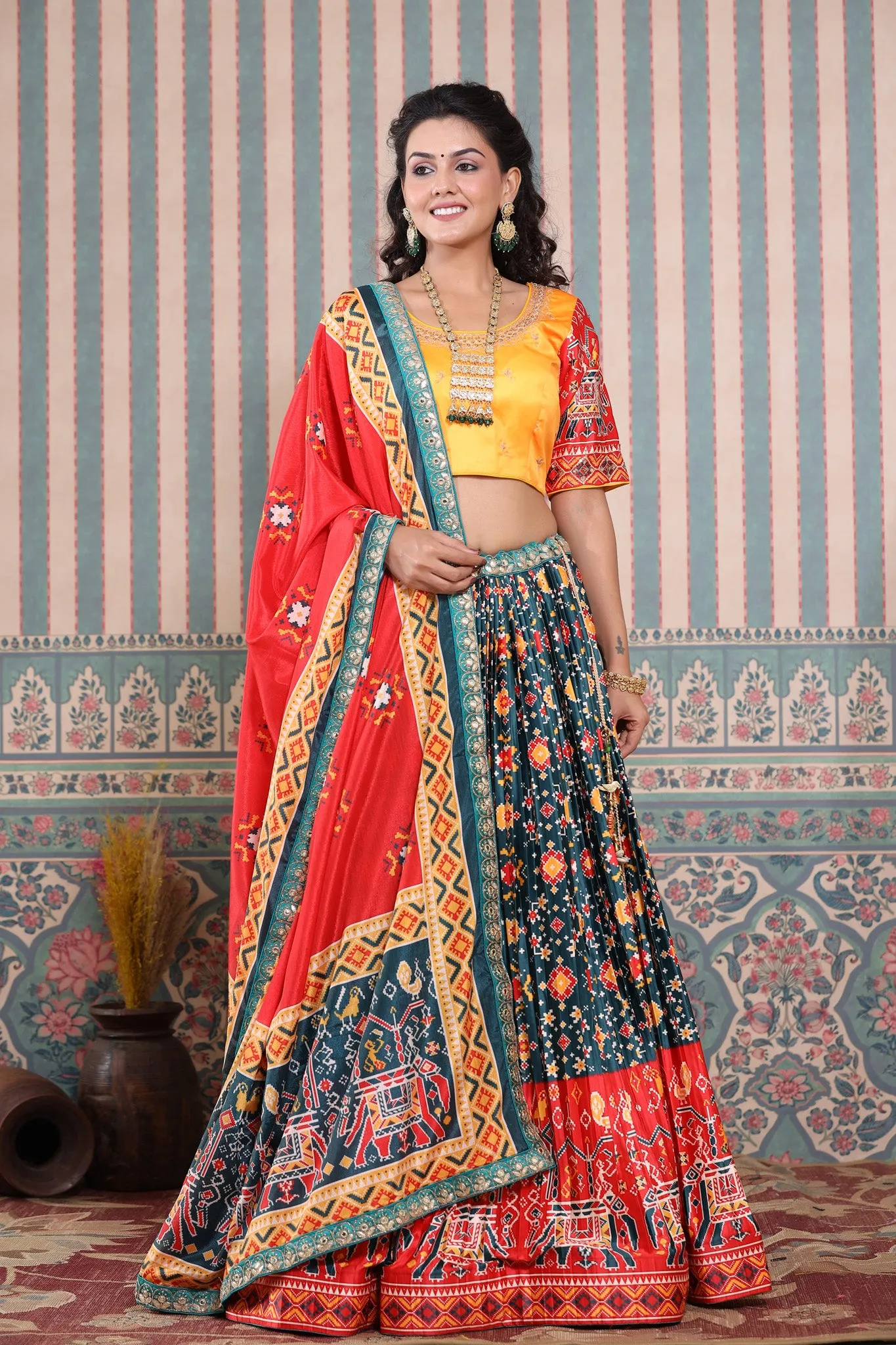 30Z246-RO Teal Blue Lehenga Multicolor Bandhej Print Set