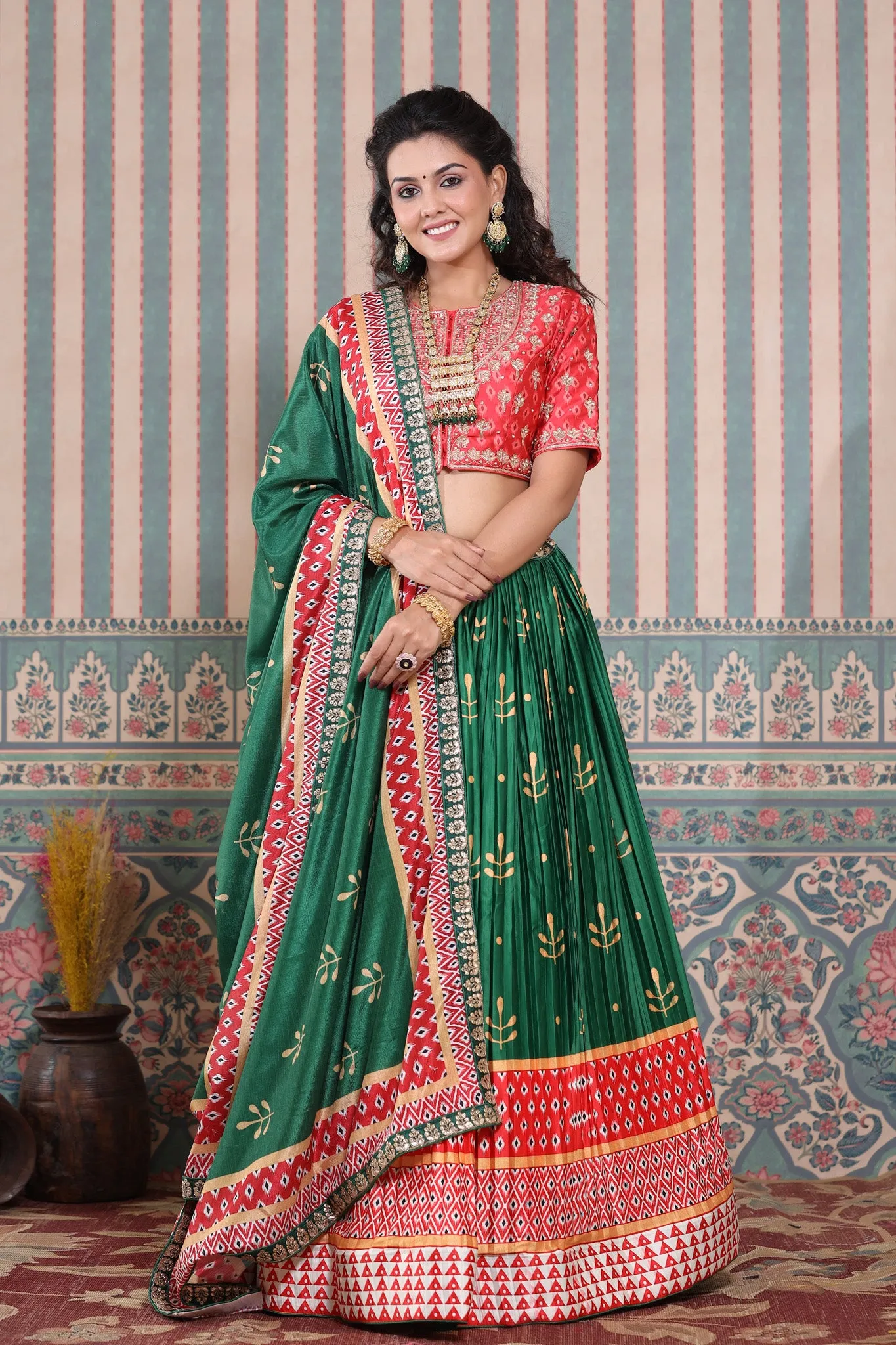 30Z250-RO Green Red Embroidered Beautiful Lehenga Set