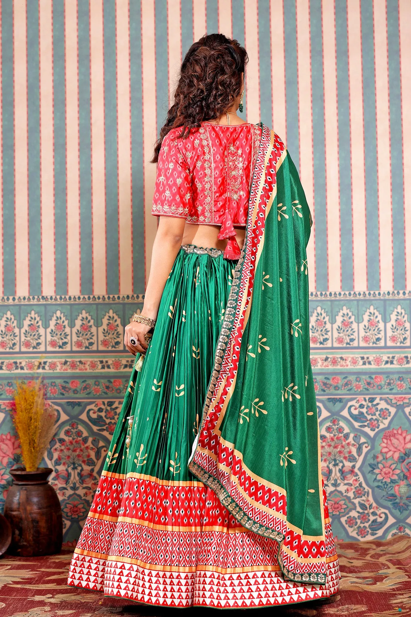 30Z250-RO Green Red Embroidered Beautiful Lehenga Set