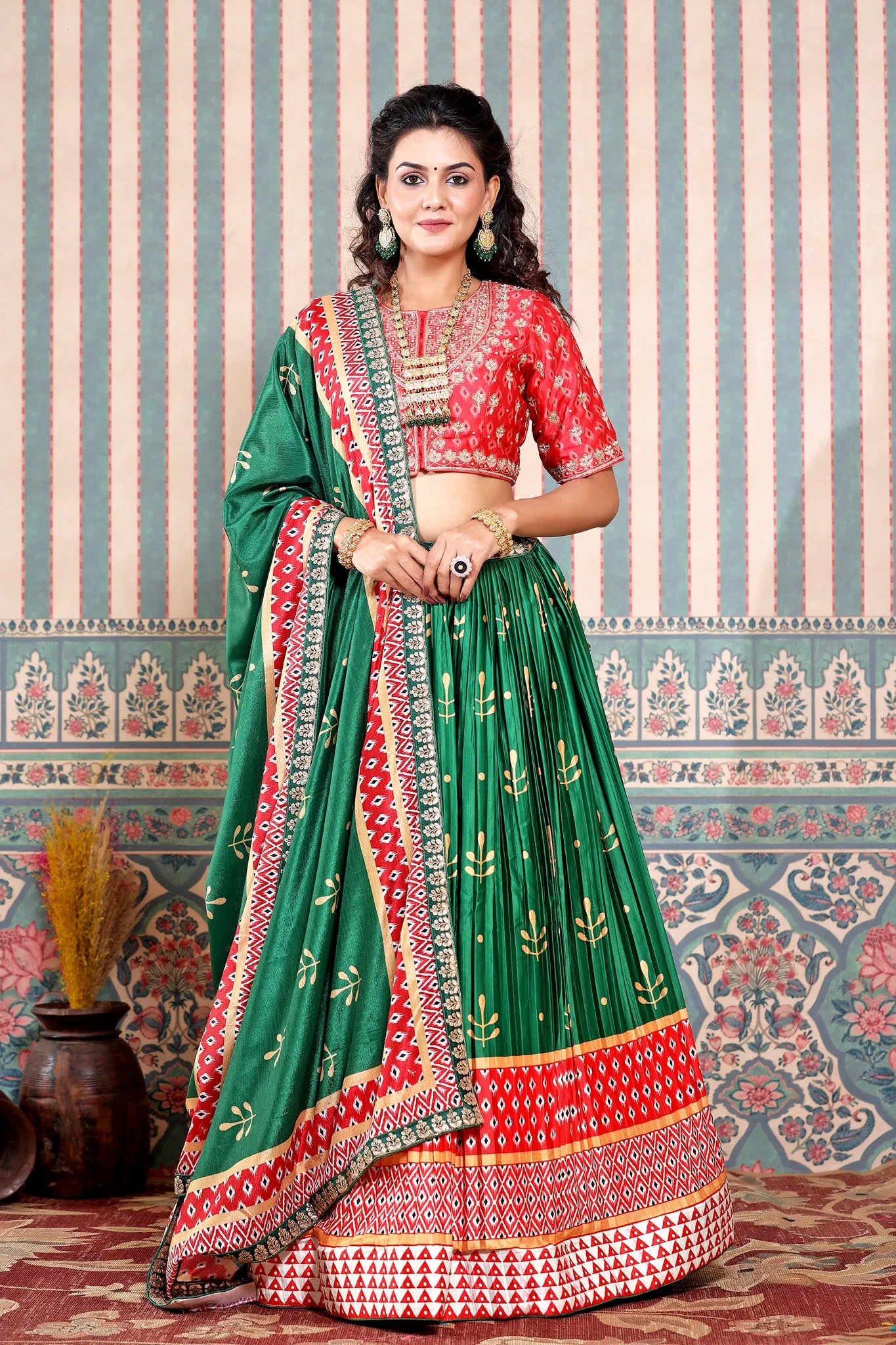 30Z250-RO Green Red Embroidered Beautiful Lehenga Set