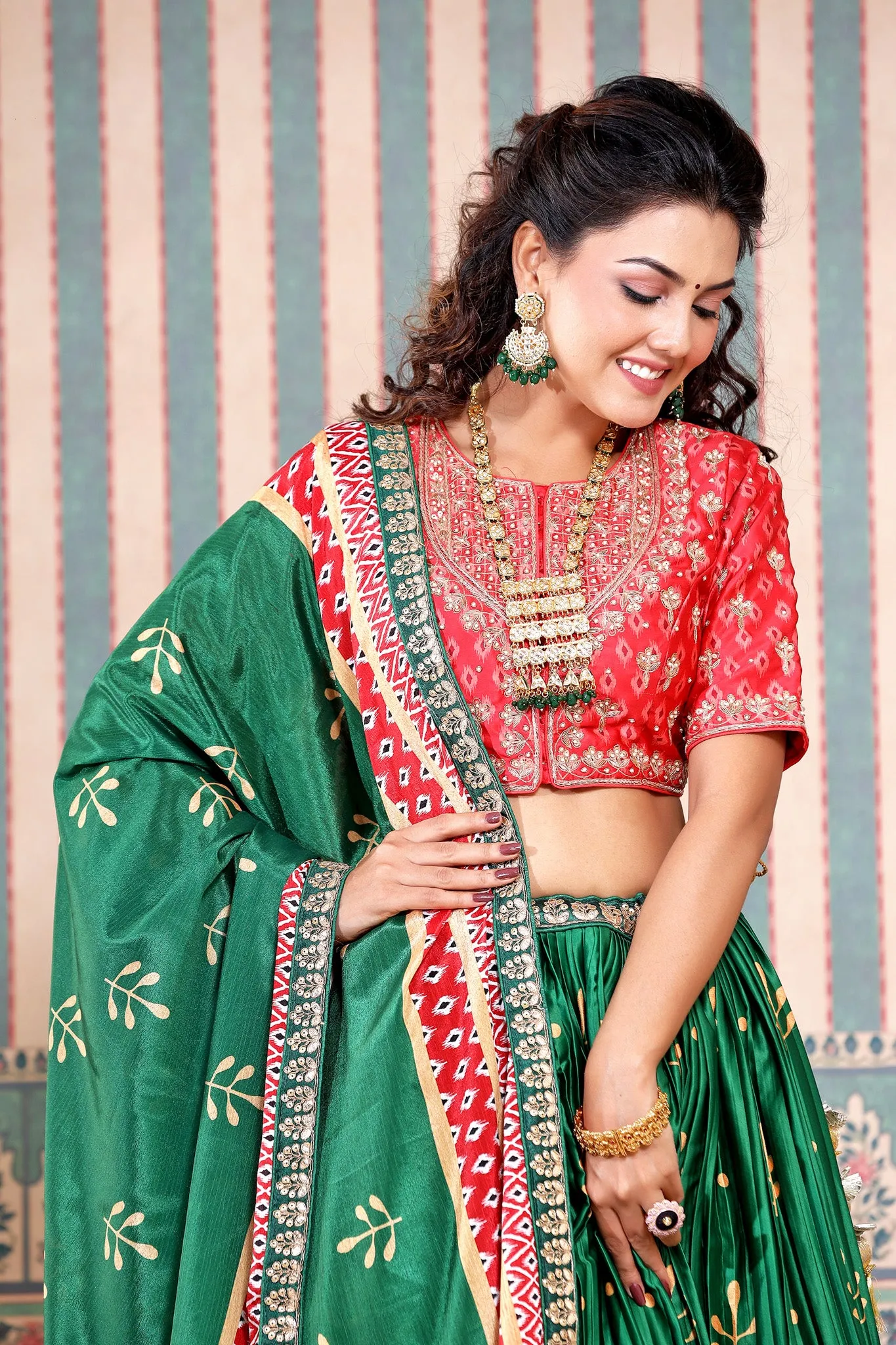 30Z250-RO Green Red Embroidered Beautiful Lehenga Set