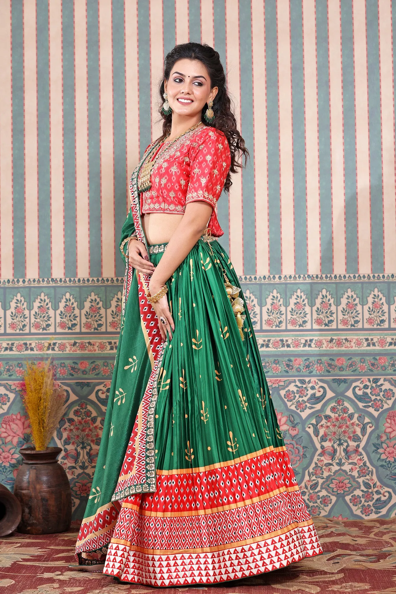 30Z250-RO Green Red Embroidered Beautiful Lehenga Set