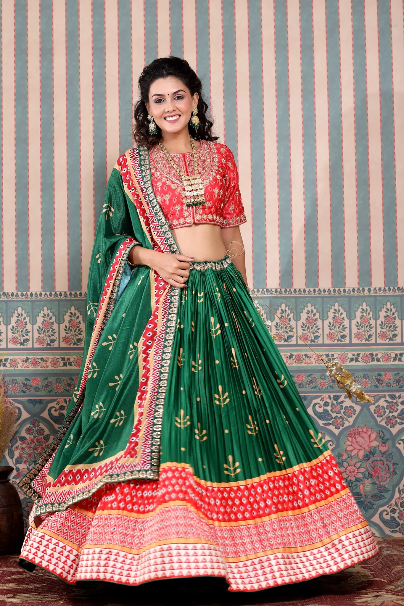 30Z250-RO Green Red Embroidered Beautiful Lehenga Set