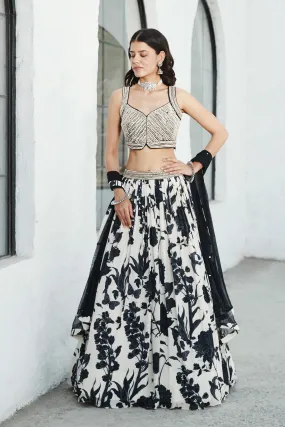 30Z315-NRO White & Black Floral Embroidered Lehenga Set