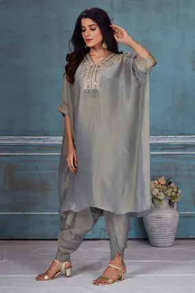 52A161 Grey Embroidered Tissue Georgette Kaftan Dhoti Set