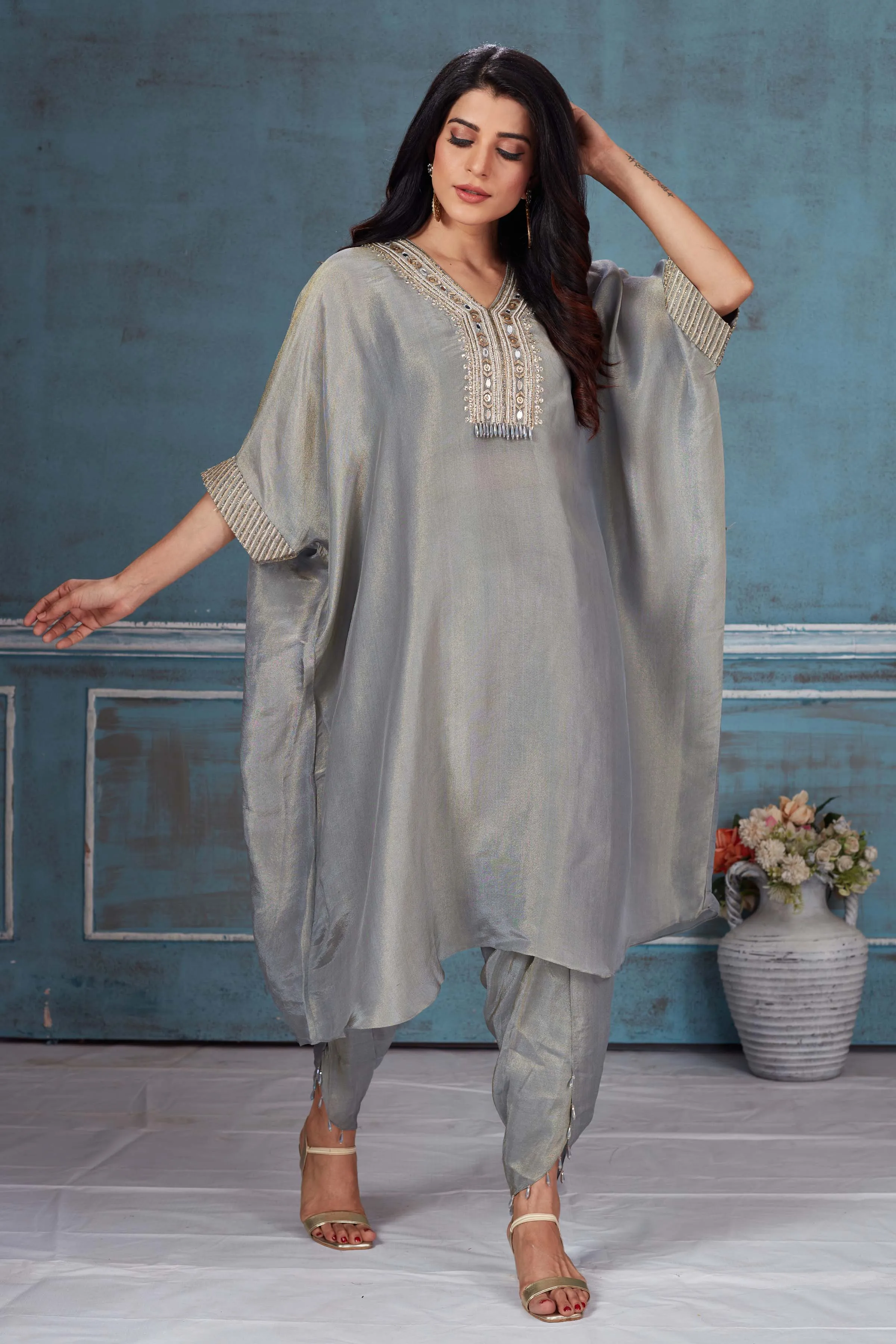 52A161 Grey Embroidered Tissue Georgette Kaftan Dhoti Set