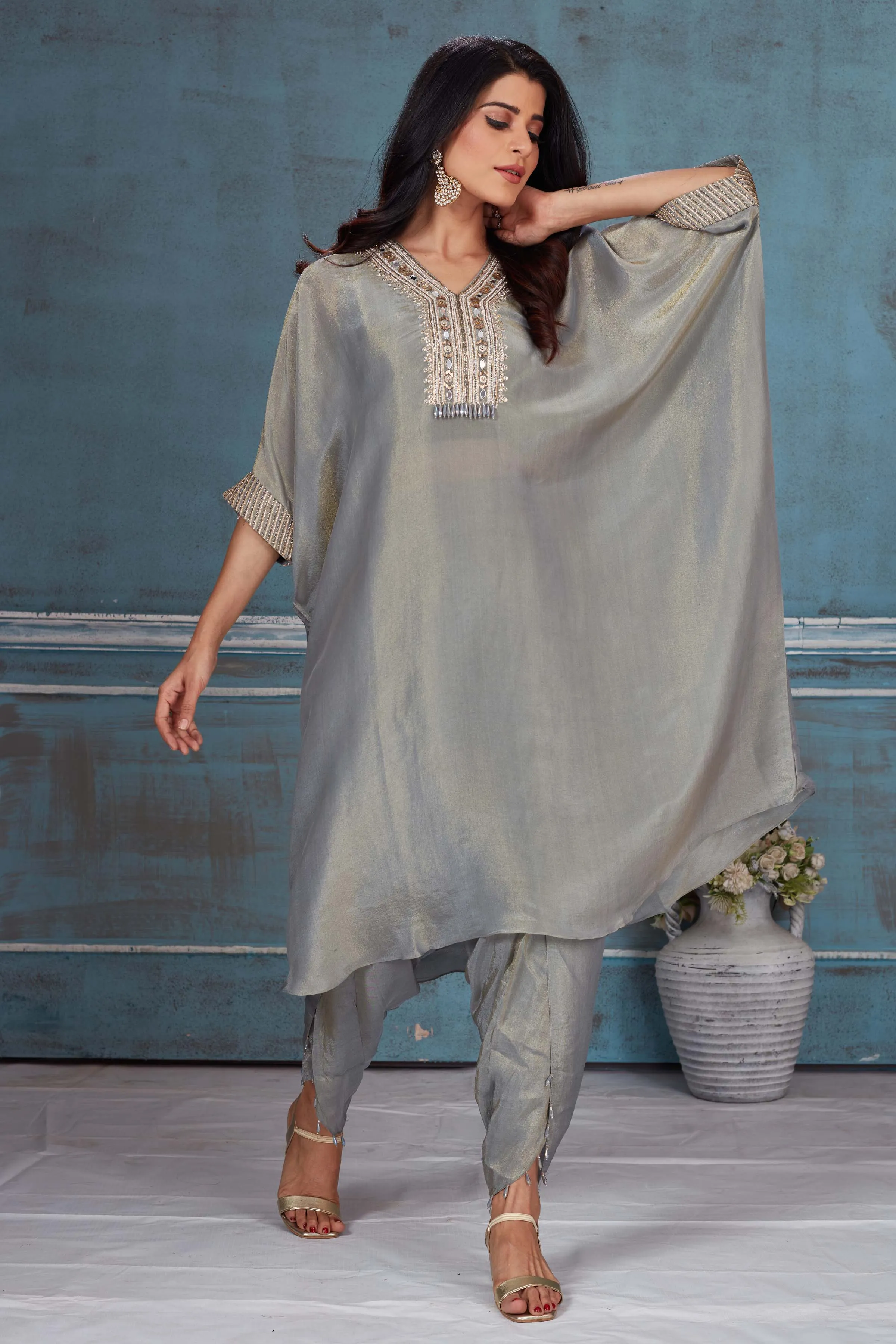 52A161 Grey Embroidered Tissue Georgette Kaftan Dhoti Set