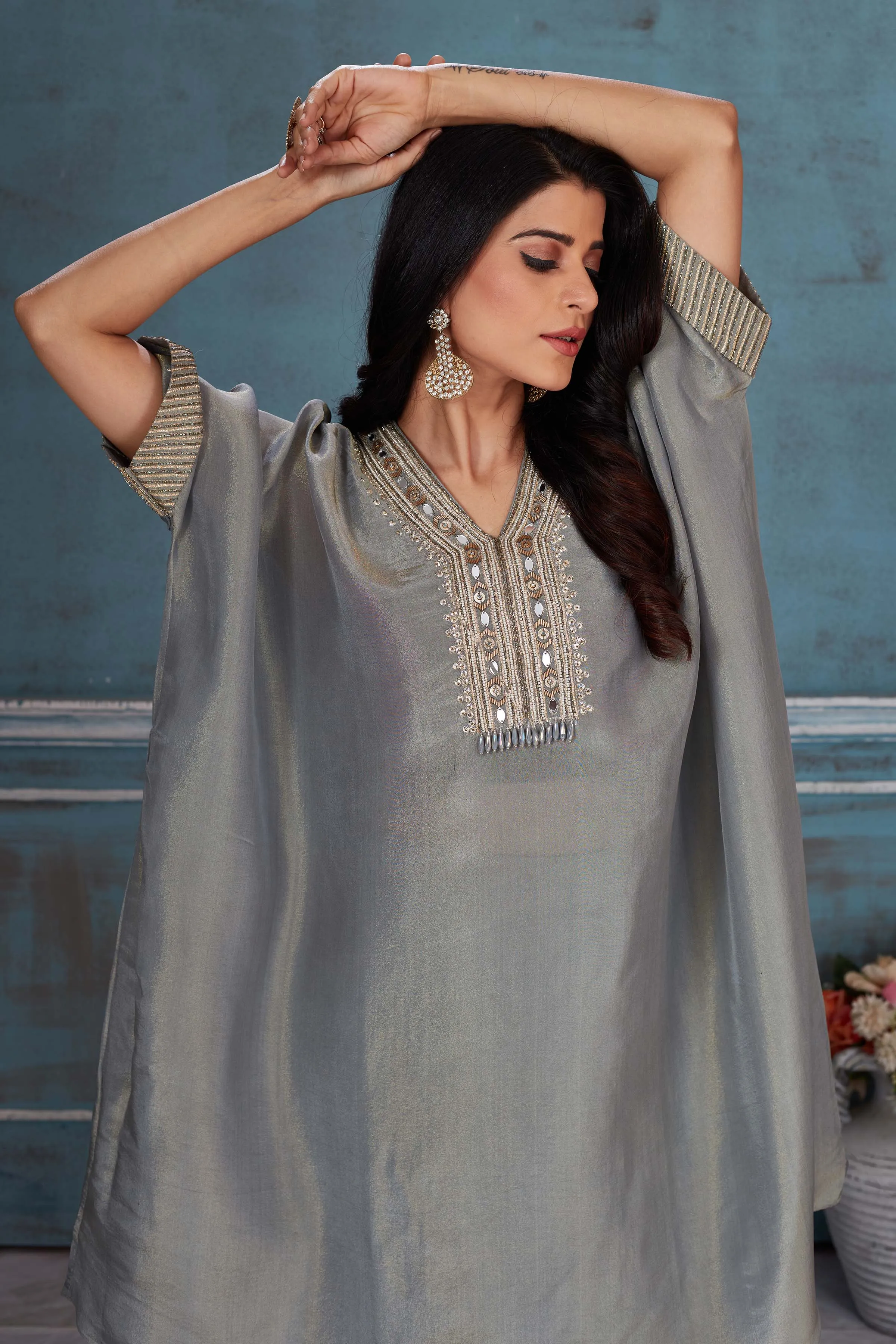 52A161 Grey Embroidered Tissue Georgette Kaftan Dhoti Set