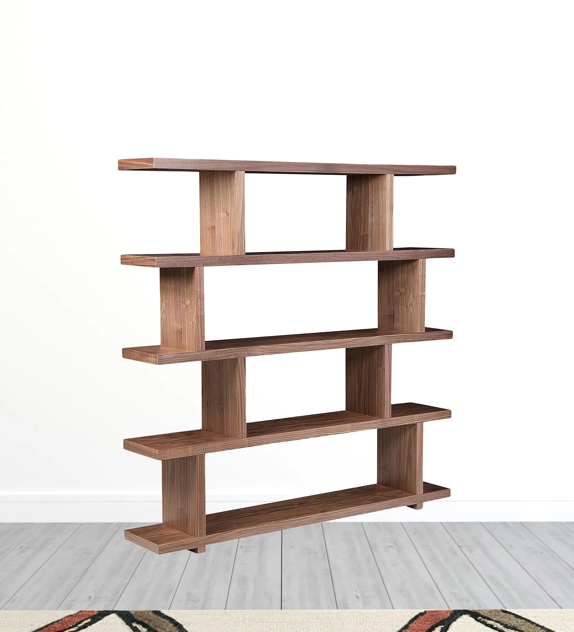 63 Walnut Wood Five Tier Asymmetrical Open Bookcase