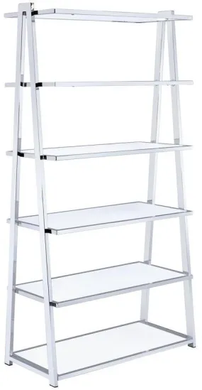 71 White and Silver Metal and Glass Five Tier Ladder Bookcase