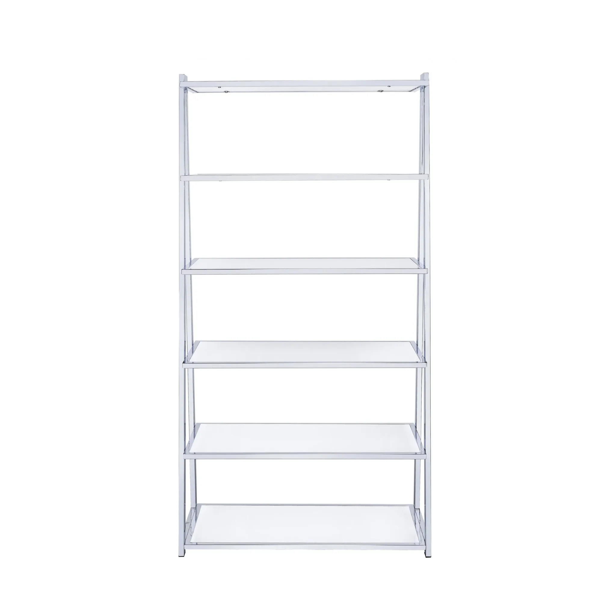 71 White and Silver Metal and Glass Five Tier Ladder Bookcase