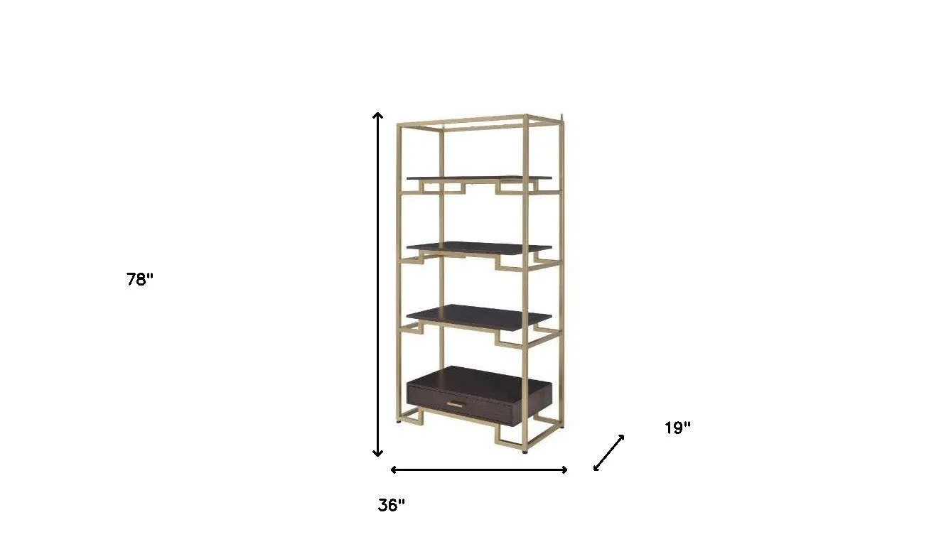 78 Gold and Black Metal Four Tier Etagere Bookcase with a Drawer