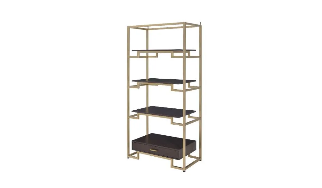 78 Gold and Black Metal Four Tier Etagere Bookcase with a Drawer