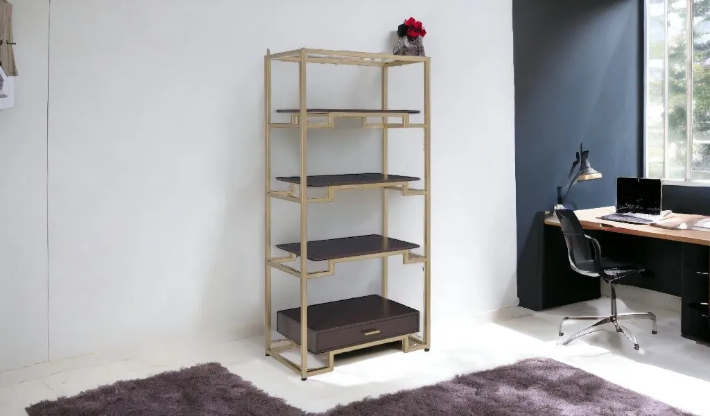 78 Gold and Black Metal Four Tier Etagere Bookcase with a Drawer